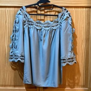 Square lace neck blouse, sage blue dark turquoise, teal, size M. Unlisted brand.